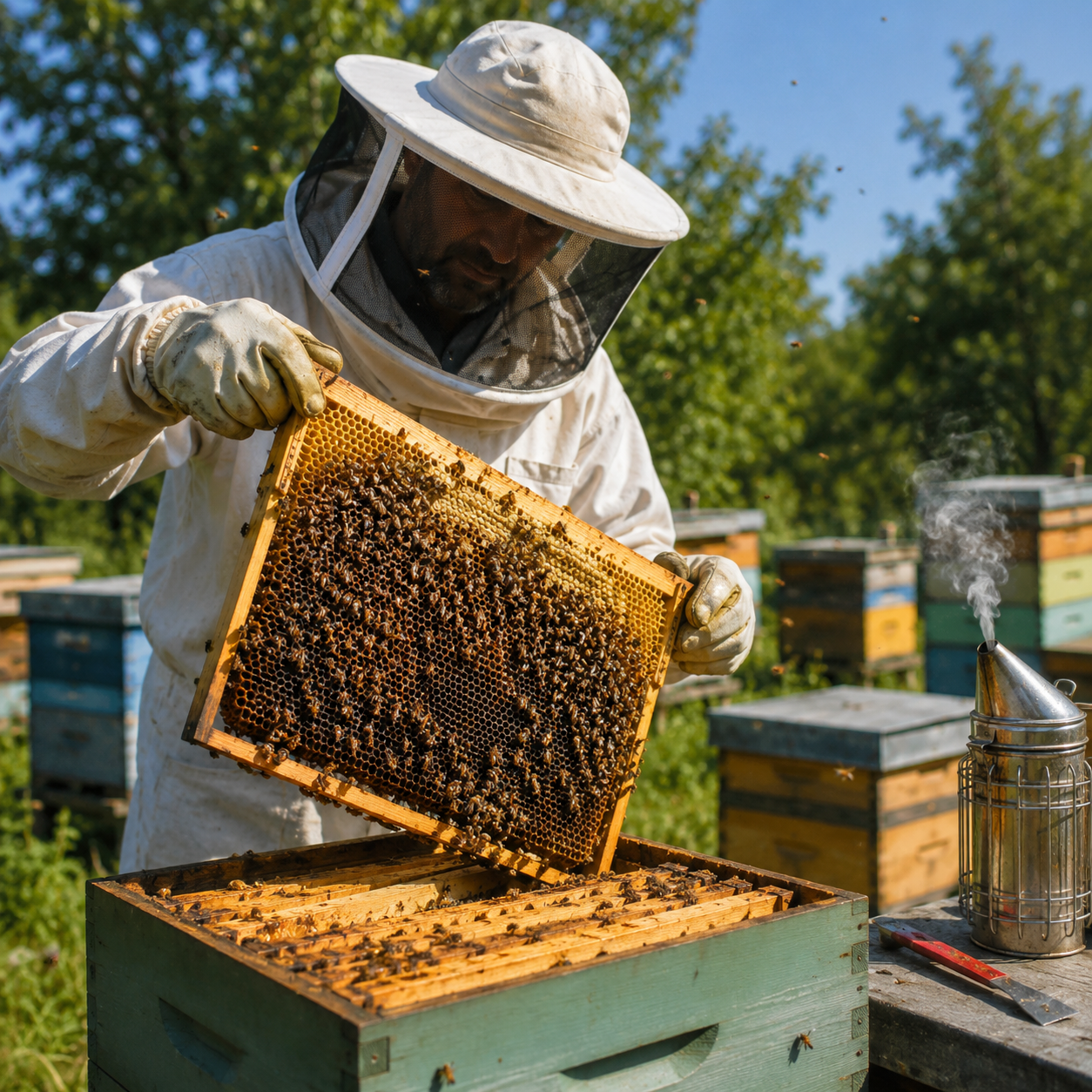 Beekeeper harvesting honey