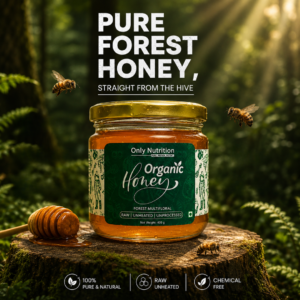 this is a jar of honey shot in forest with text pure forest honey
